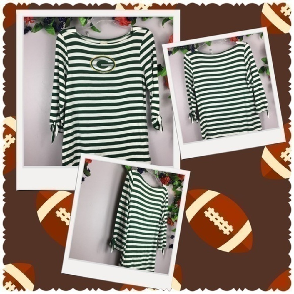 MEESH & MIA Team Spirit Green Bay Packers Football Bejeweled Top Tee Shirt  XL